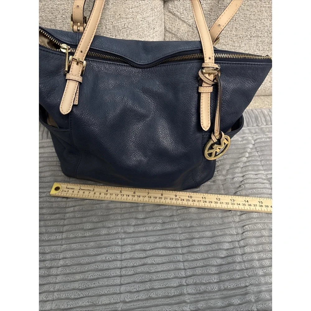 Michael Kors Navy Zip Top Tote Bag Gold Hardware w/ MK Charm Lined Pockets